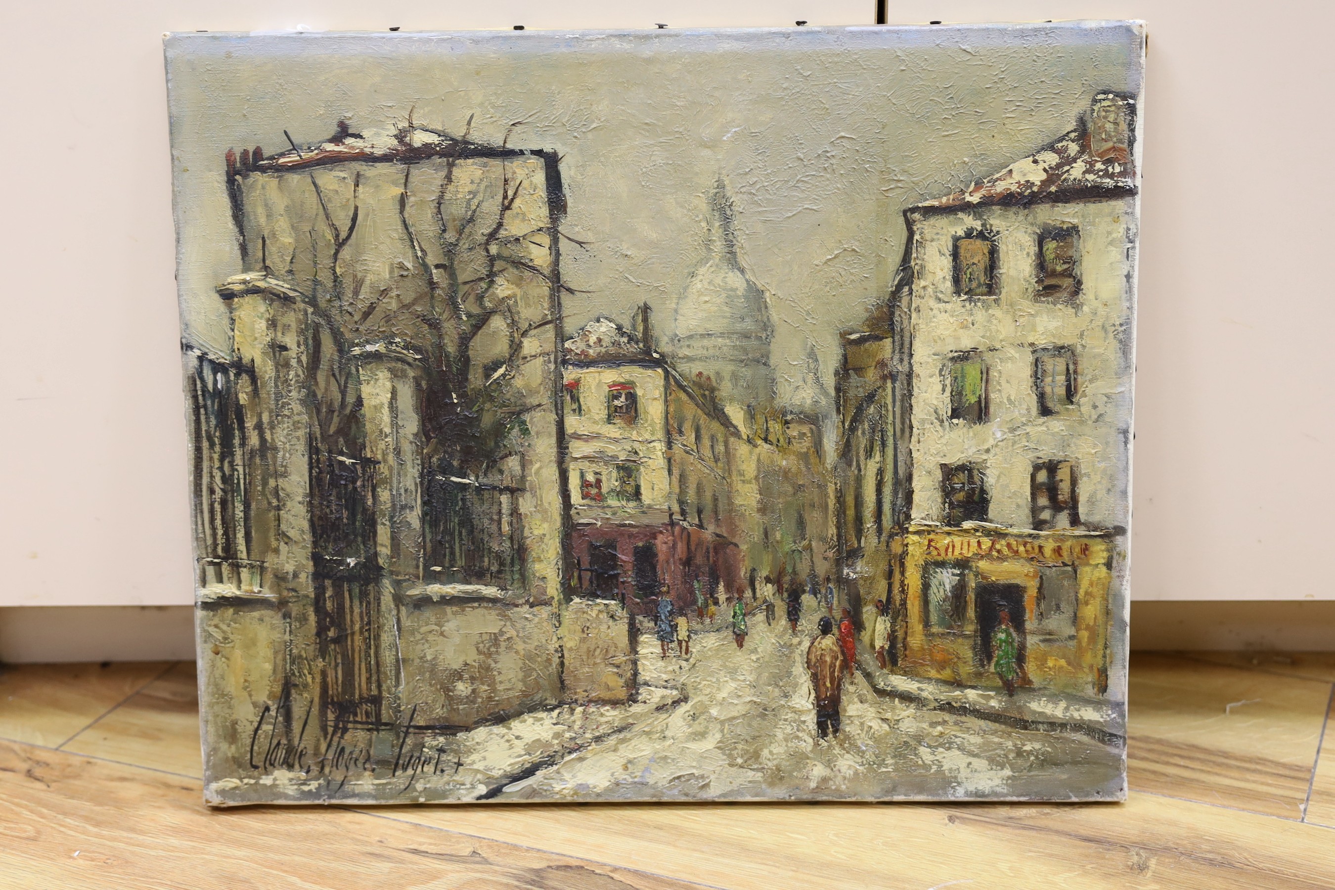 Claude Roger Fuget, oil on canvas, Paris street scene, signed and inscribed verso, 38 x 46cm, unframed